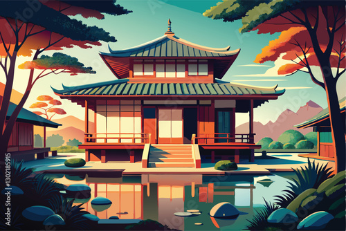 Japanese house (minka) Illustration, featuring wooden beams, sliding shoji doors, and a tiled roof. Include a serene garden with bonsai trees, a stone lantern, and a koi pond for added cultural depth.