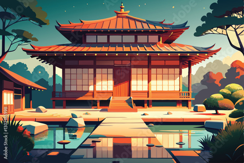 Japanese house (minka) Illustration, featuring wooden beams, sliding shoji doors, and a tiled roof. Include a serene garden with bonsai trees, a stone lantern, and a koi pond for added cultural depth.