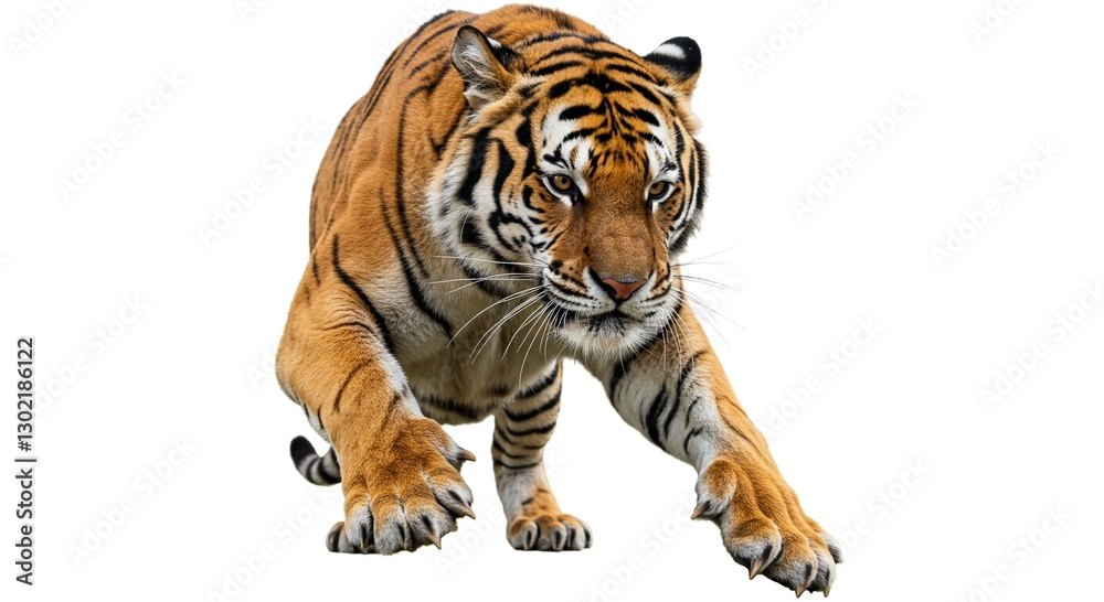 Obraz premium Majestic Bengal Tiger Crouching Ready to Pounce Isolated on White