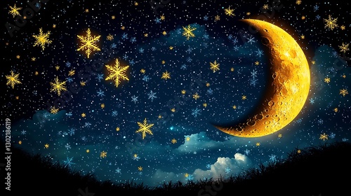 Crescent moon, snowflakes, night sky