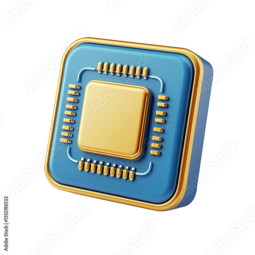 3D icon of a computer chip, in a blue and gold color palette isolated on transparent background