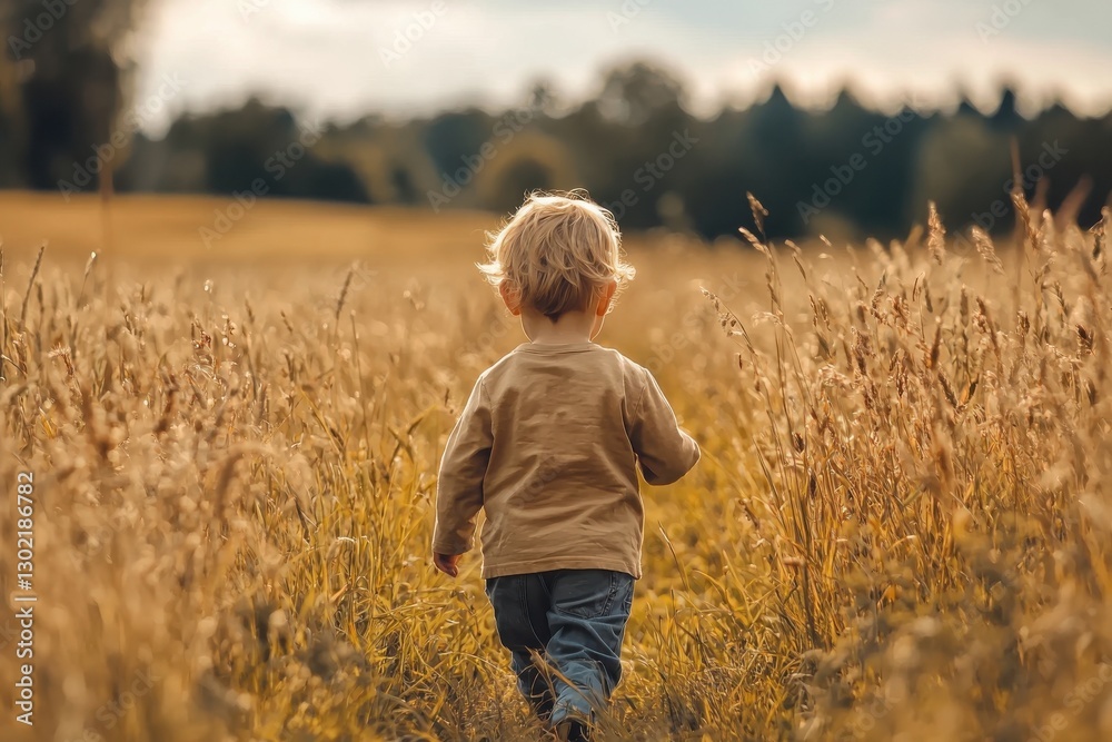 A young child explores a golden field, embodying the essence of innocence and adventure on a beautiful day filled with natural light and freedom. A young child explores a golden field, embodying the essence of innocence and adventure on a beautiful day filled with natural light and freedom.