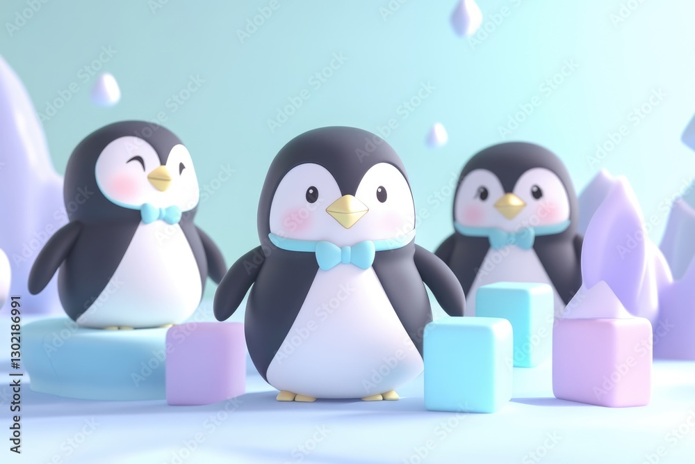 Obraz premium Three adorable cartoon penguins wearing bow ties stand on icy blocks in a pastel-colored winter scene.
