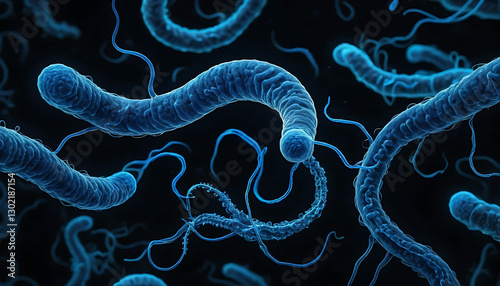 Visualizing Bacteria Blue Spirals on Dark Background for Medical or Scientific Use photo