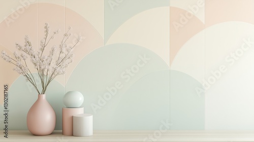 Minimalist pastel wallpaper with smooth curves, subtle geometric elements, and a mint, blush, and yellow palette for a calming, elegant look