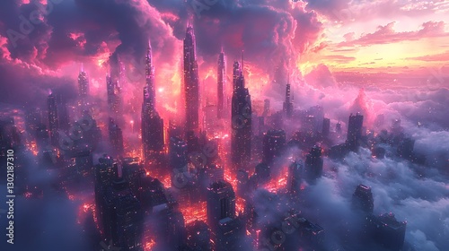 Enchanting city nestled within the clouds offering a surreal vision of urban life against a dreamlike backdrop