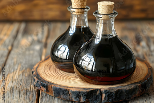 Two glass bottles of balsamic vinegar on a wooden serving board