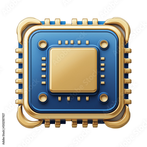 3D icon of a computer chip, in a blue and gold color palette isolated on transparent background