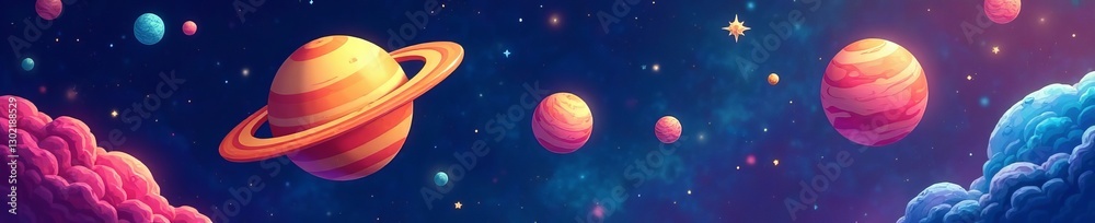 Fototapeta premium Cute cartoon planet with colorful rings and moons, outer space background, background, outer space