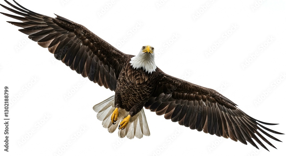 Majestic Bald Eagle in Flight Wings Spread Wide Isolated on White Background Majestic Bald Eagle in Flight Wings Spread Wide Isolated on White Background