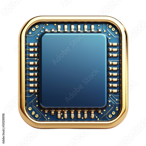 3D icon of a computer chip, in a blue and gold color palette isolated on transparent background
