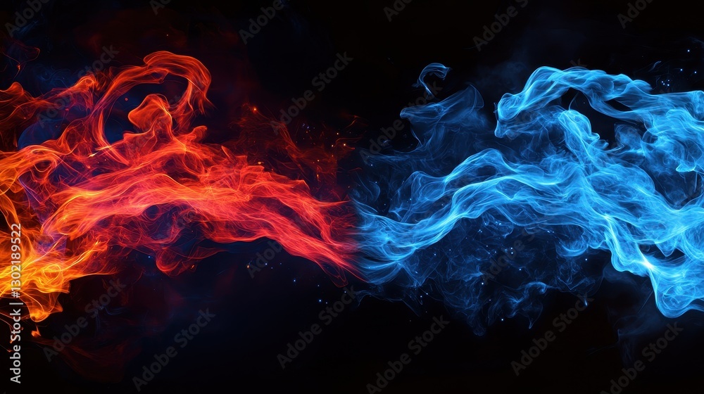 Fototapeta premium Fiery orange and cool blue smoke clash beautifully together