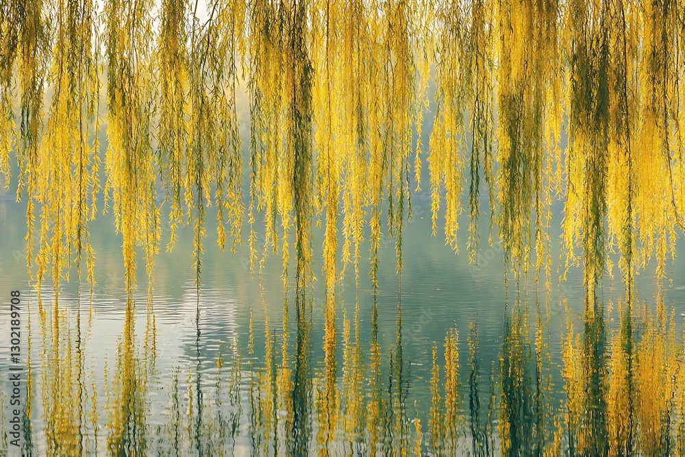 Tranquil Lake Surrounded by Willows Their Long Branches Dipping in the Water Tranquil Lake Surrounded by Willows Their Long Branches Dipping in the Water