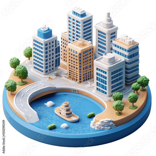 3D icon of a city, with buildings on a circular base isolated on transparent background