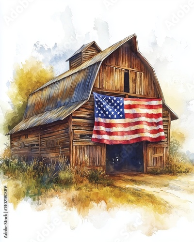 Rustic barn with American flag painting.
