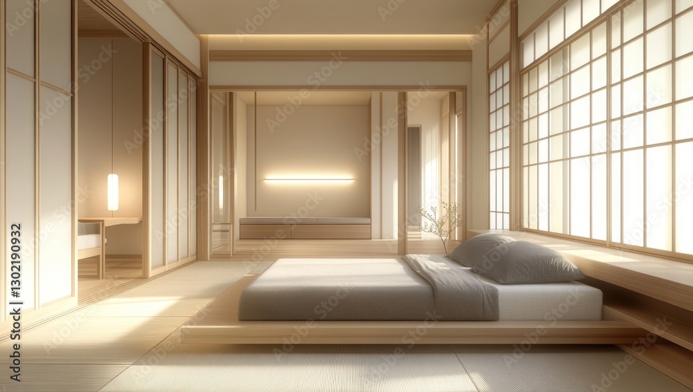 Fototapeta premium Minimalist Japanese-style bedroom with low platform bed, sliding doors, and natural light.