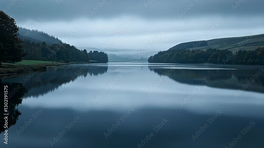 Serene lake landscape at dawn, surrounded by misty hills and lush greenery, reflecting calm waters Serene lake landscape at dawn, surrounded by misty hills and lush greenery, reflecting calm waters