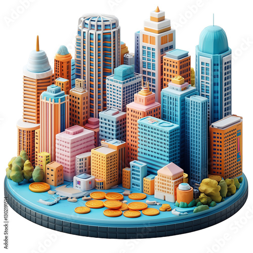 3D icon of a city, with buildings on a circular base isolated on transparent background