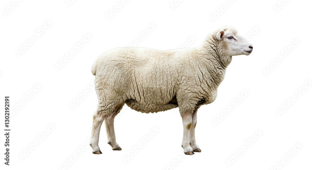 Obraz premium Fluffy White Sheep Standing Profile Farm Animal Isolated on White Background
