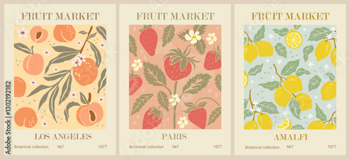 Set of Abstract Fruit Market retro posters. Trendy contemporary wall arts with fruit design in danish pastel colors. Modern naive groovy funky interior decorations, paintings. Vector illustrations.