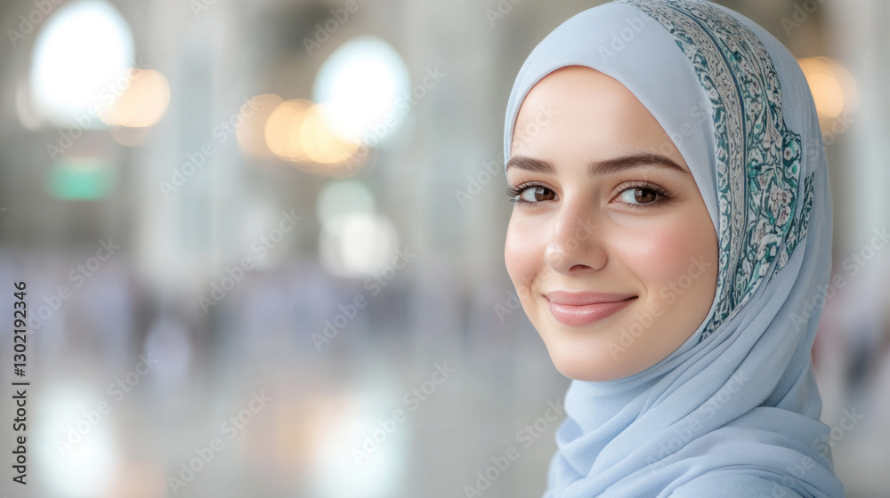German woman wearing blue traditional abaya and hijab smiling performing worship at kaaba mecca German woman wearing blue traditional abaya and hijab smiling performing worship at kaaba mecca