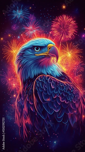 Vibrant eagle amidst colorful fireworks display.