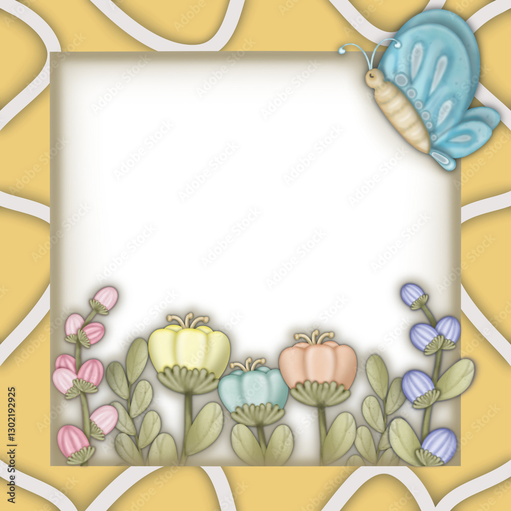 Obraz premium Paper cut style frame with pastel colored flowers and butterflies around the square hand drawn. Square frame with a pastel and floral patterns, transparent background.