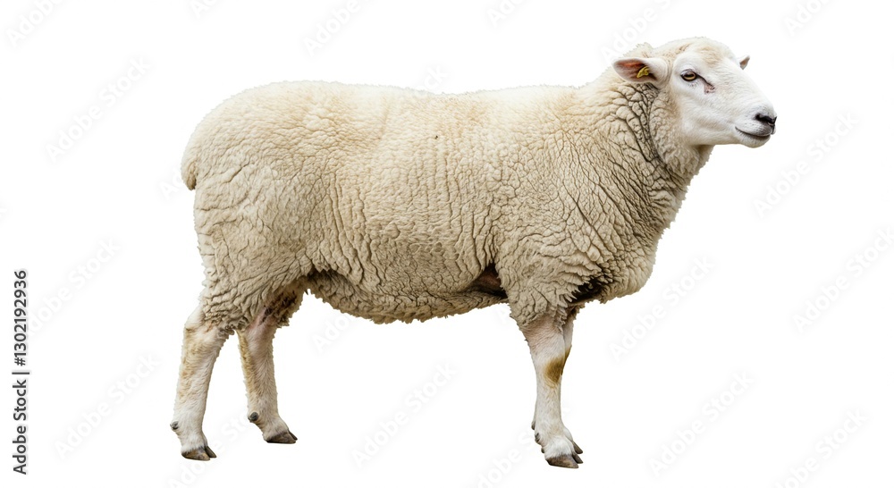 Fototapeta premium Fluffy White Sheep Standing Isolated on White Background Farm Animal Photography