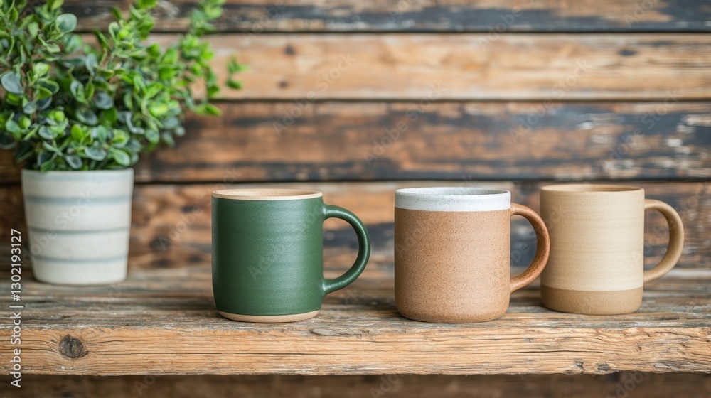 Fototapeta premium Eco-friendly shopping at thrift markets Concept, Handcrafted Ceramic Mugs Made from Recycled Materials with Natural Textures in Sustainable Design