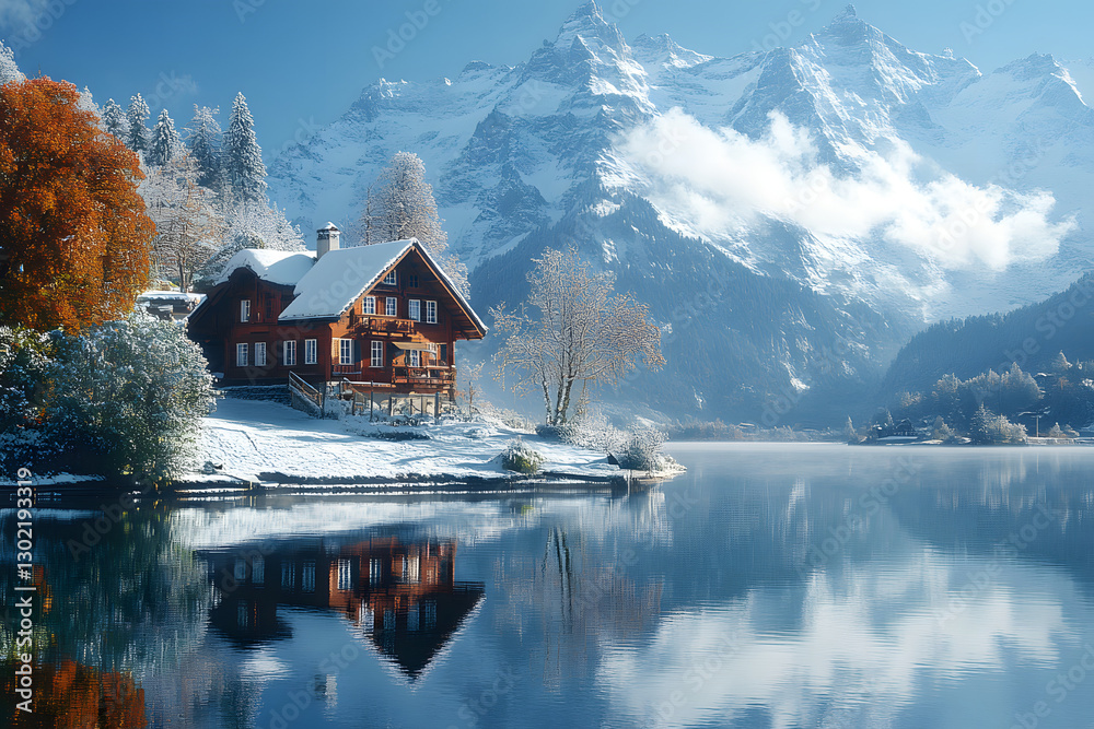 Fototapeta premium Romantisches Holzhaus am winterlichen Bergsee mit verschneiten Gipfeln und Spiegelung 