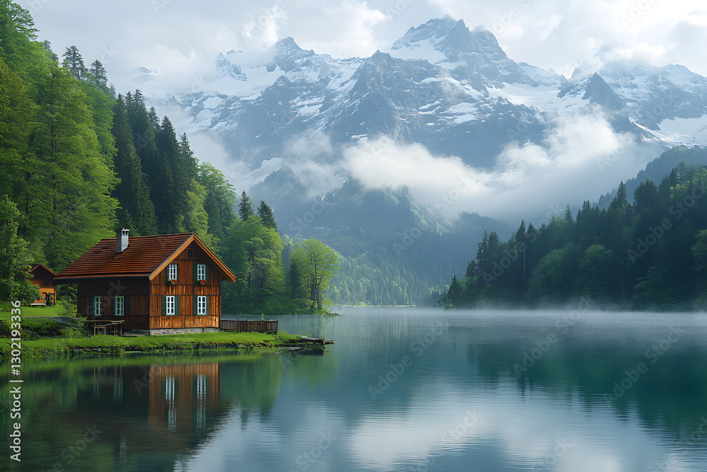 Fototapeta premium Romantische Holzhütte an einem nebeligen Bergsee mit verschneiten Gipfeln 