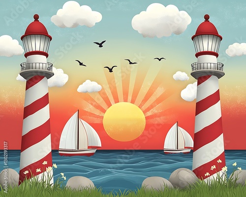 Twin Lighthouses Sunset Seascape