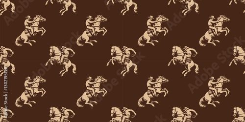 PrinCowboy Horses Western Wild West Brown Seamless Pattern Vector Illustration