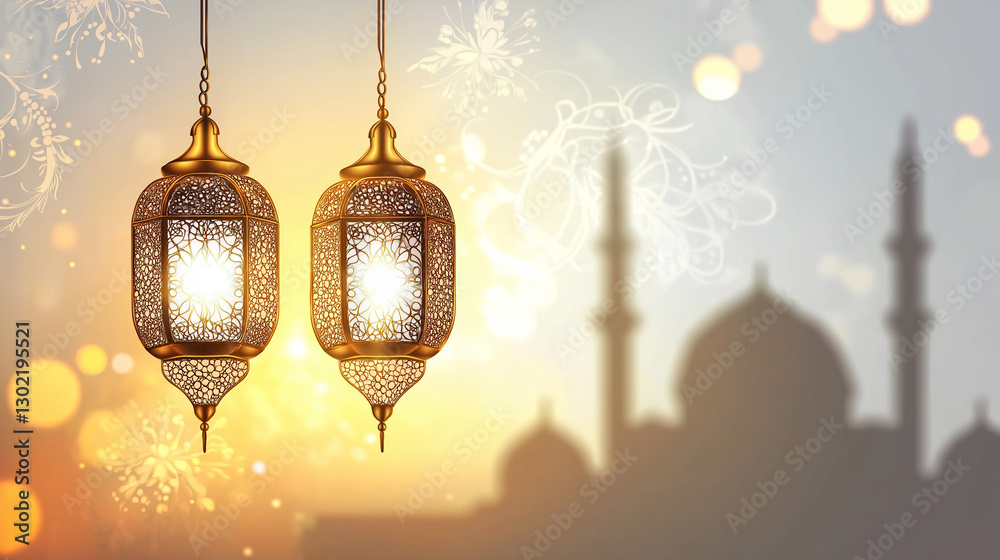 Golden lantern hanging with a mosque silhouette in the soft glow of sunset. AI Generated Images Golden lantern hanging with a mosque silhouette in the soft glow of sunset. AI Generated Images