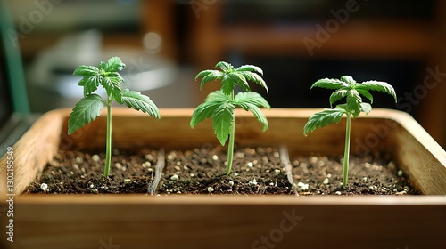 Indoor Cannabis Seedlings in Wooden Tray