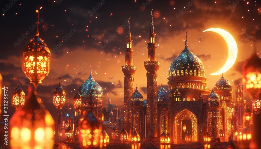 Obraz premium Illuminated Mosque at Night with Crescent Moon and Lanterns