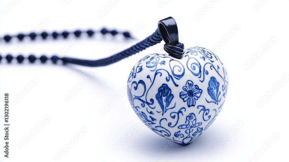 Fototapeta premium Elegant Blue and White Heart Pendant on Black Cord Necklace