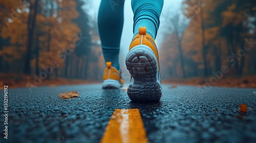 Woman walking on wet autumn road in misty forest