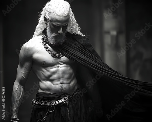 Ancient warrior, brooding pose, dark temple photo