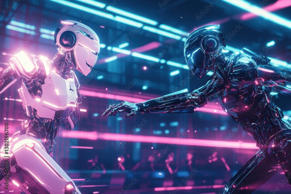 Two robots about to fight inside a futuristic environment Two robots about to fight inside a futuristic environment