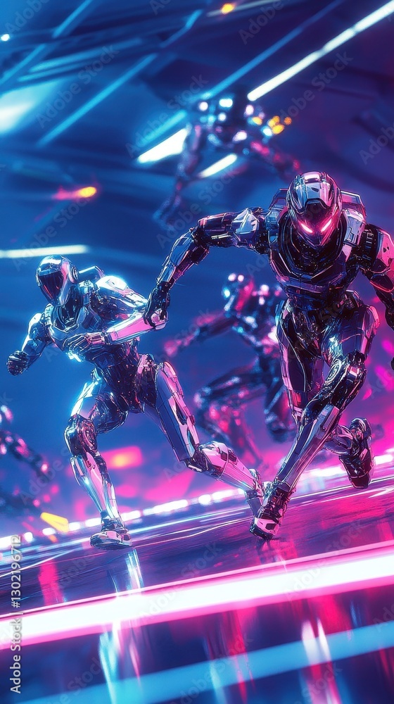 Metallic Futuristic Soldiers Running and Fighting in Cybernetic Environment Metallic Futuristic Soldiers Running and Fighting in Cybernetic Environment