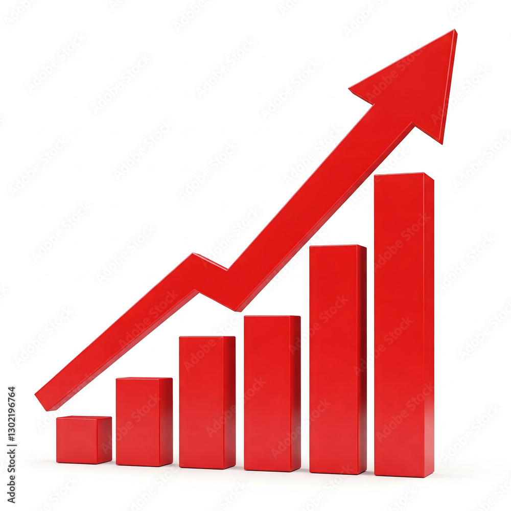business graph with red arrow. Red upward arrow graph showing rising trend on white background. business graph with red arrow. Red upward arrow graph showing rising trend on white background.