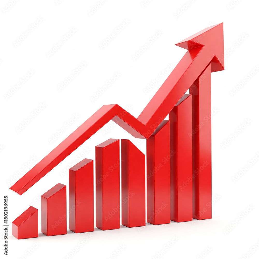 business graph with red arrow. Red upward arrow graph showing rising trend on white background. business graph with red arrow. Red upward arrow graph showing rising trend on white background.