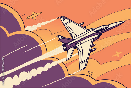 Jet fighter flight in the sky vector illustration, jet plane vector