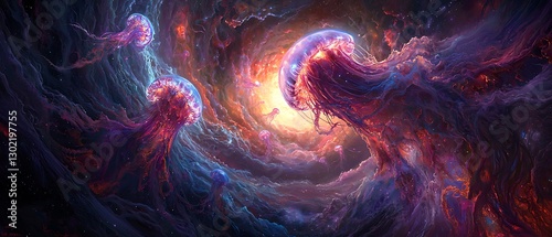 Wallpaper Mural A mesmerizing swarm of ethereal jellyfish gracefully float through a cosmic sea Torontodigital.ca