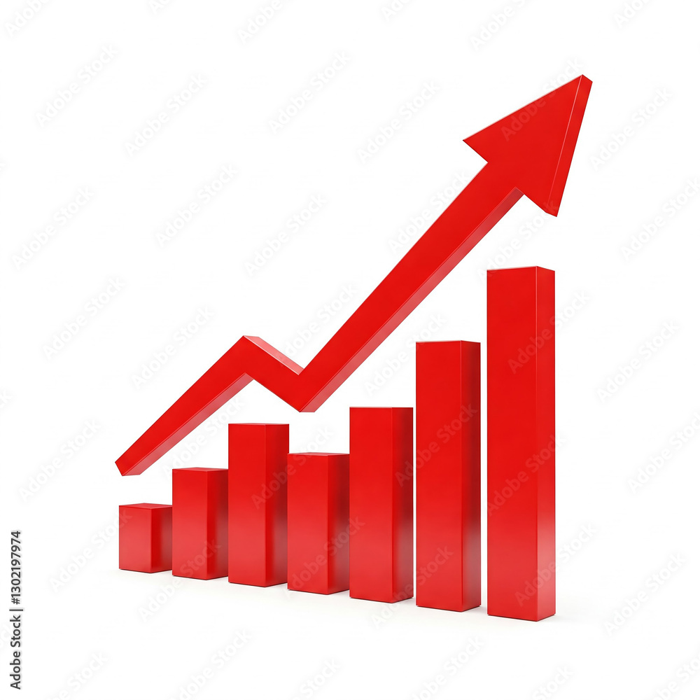 business graph with red arrow. Red upward arrow graph showing rising trend on white background. business graph with red arrow. Red upward arrow graph showing rising trend on white background.