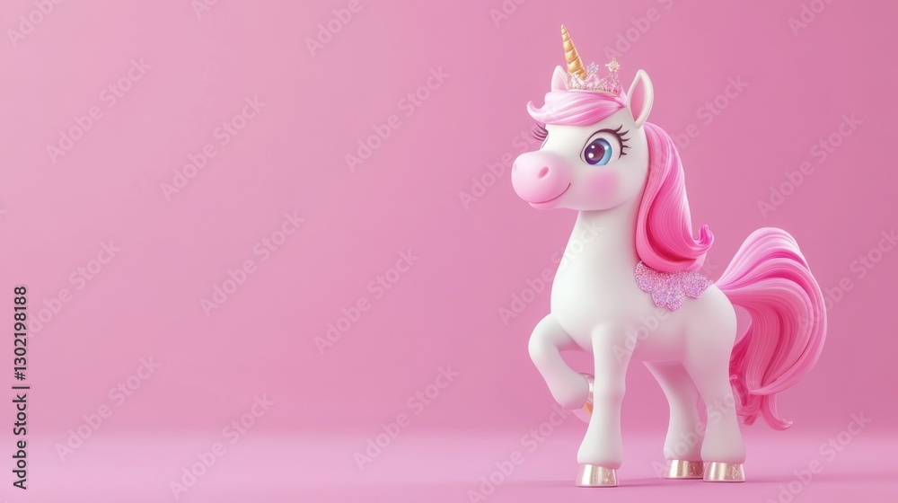Lovely 3D cartoon unicorn with a sparkling crown, standing proudly against a soft pink background