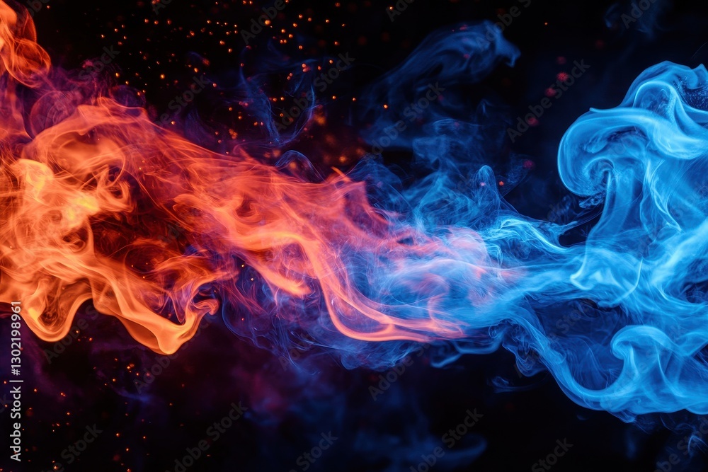 Abstract composition features intertwining orange fire and blue smoke trails Abstract composition features intertwining orange fire and blue smoke trails