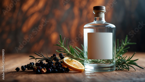 Premium gin bottle mockup with a blank label, styled with juniper berries and rosemary on a wooden background. Ideal for branding, product packaging, and commercial marketing