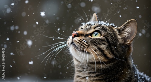 Tabby Cat Watching Snowfall Outdoors During Winter Evening